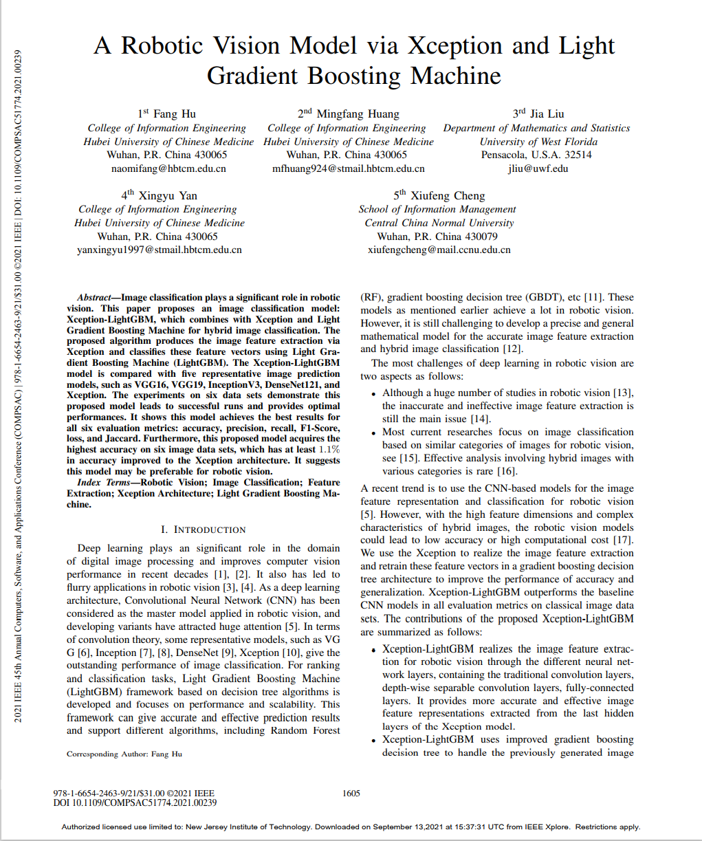 A Robotic Vision Model via Xception and Light Gradient Boosting Machine（EI，CCF C）